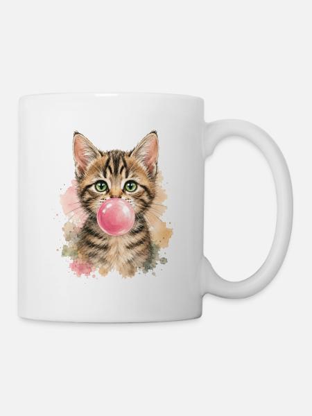 Katze mit rosa Kaugummiblase - Tasse - Weiß