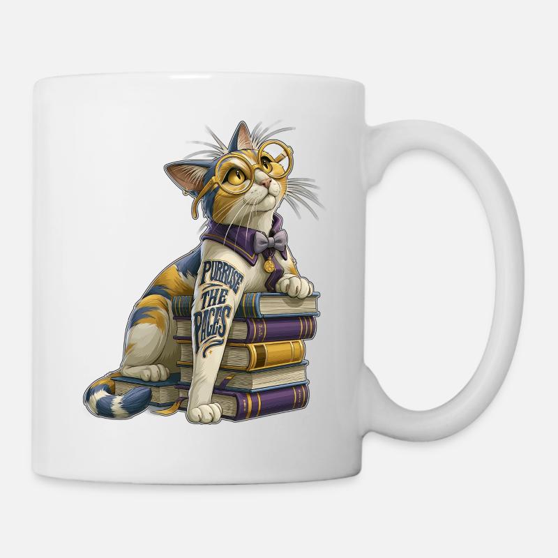 Purruse The Pages Niedliche Bücherwurm-Katze mit Brille - Tasse - Weiß