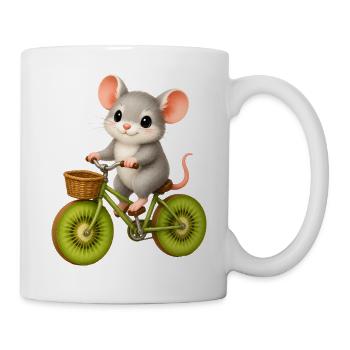 Süße Maus mit Fahrrad und Rädern aus Kiwischeiben - Tasse - Weiß - Rechts