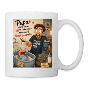 Als Papa wird man nicht geboren: Babychaos - Tasse - Weiß - Rechts