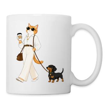 Stylische Katze mit Dackel beim Kaffeespaziergang - Tasse - Weiß - Rechts