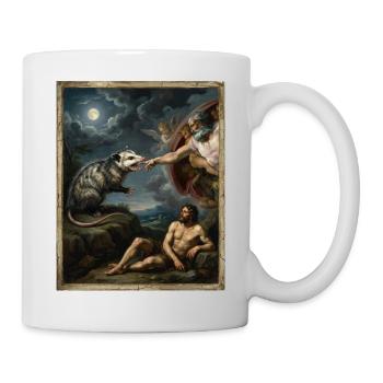 Opossum Beats God's Hand Funny Opossum Meme - Mug - white - Right