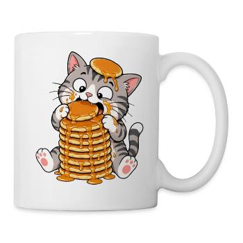 Katze Pancakes Sirup Lustiger Cartoon - Tasse - Weiß - Rechts