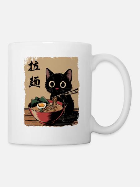 Vintage Ramen Nudeln Schwarze Katze Anime - Tasse - Weiß