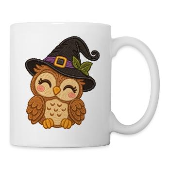 Süße Eule mit Hexenhut –Halloween Stickmotiv Optik - Tasse - Weiß - Rechts