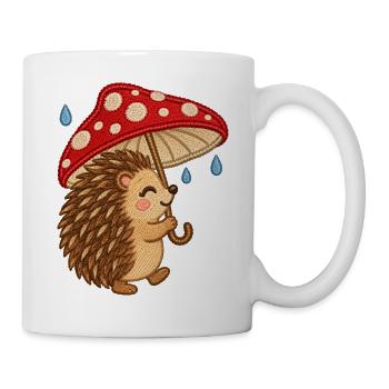 Süßer Igel mit Pilzschirm –Herbst Stickmotiv Optik - Tasse - Weiß - Rechts