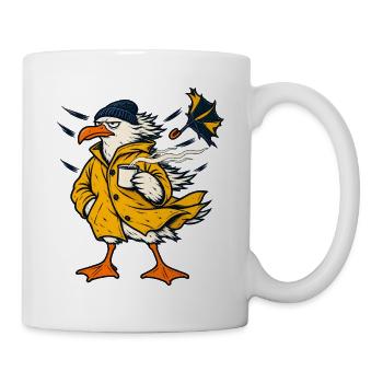 Möwe mit Kaffee im Sturm – Norddeutscher Humor - Tasse - Weiß - Rechts