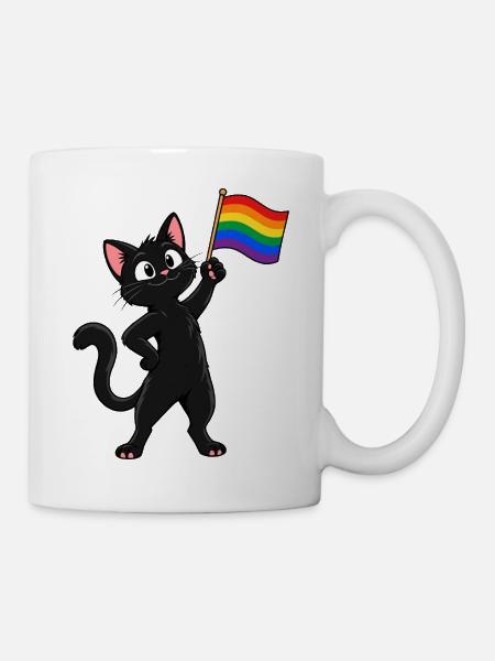 Pride-Katze mit Regenbogenflagge – Vielfalt - Tasse - Weiß
