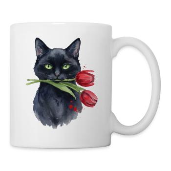 Cat Noir mit roter Tulpe - Tasse - Weiß - Rechts