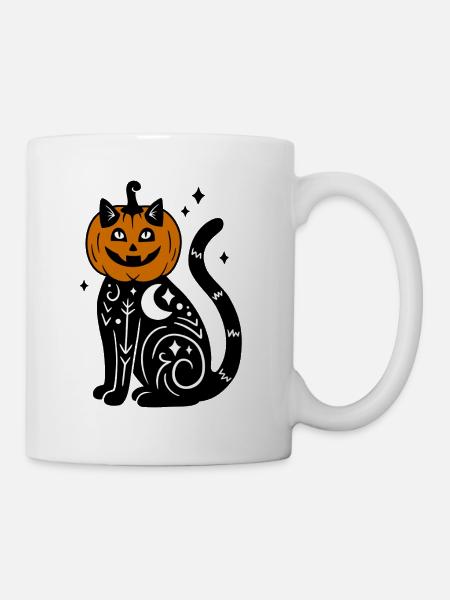 Halloween Katze Kürbiskostüm - Mit Sternen - Tasse - Weiß