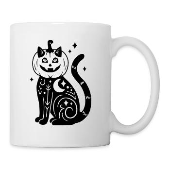 Halloween Katze Kürbiskostüm - Schwarz mit Sternen - Tasse - Weiß - Rechts