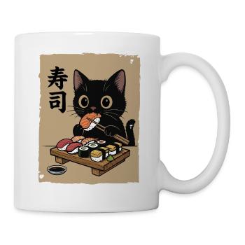 Schwarze Katze isst Sushi Japan Retro - Tasse - Weiß - Rechts