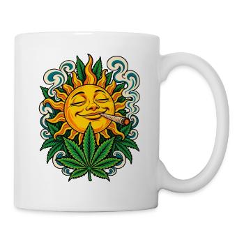 Sonne, Hanfblatt und Jointrauch - Tasse - Weiß - Rechts