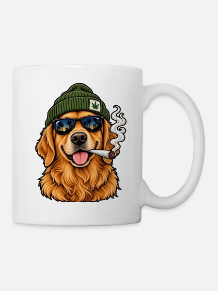 Hund mit Sonnenbrille und Hanf-Beanie - Tasse - Weiß