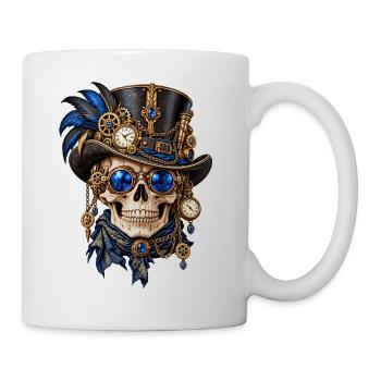 Totenkopf, Totenkopf, Steampunk-Hut, blaue Federn - Tasse - Weiß - Rechts