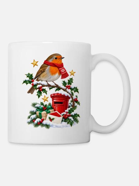 Weihnachts-Robin und roter Briefkasten - Tasse - Weiß