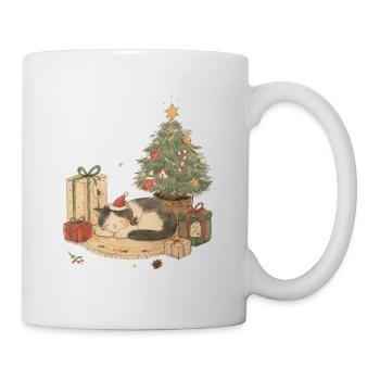 Gemütliche Weihnachtskatze mit Geschenken - Tasse - Weiß - Rechts