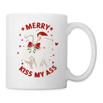 Merry Kiss My Ass – lustige Weihnachtskatze - Tasse - Weiß - Rechts