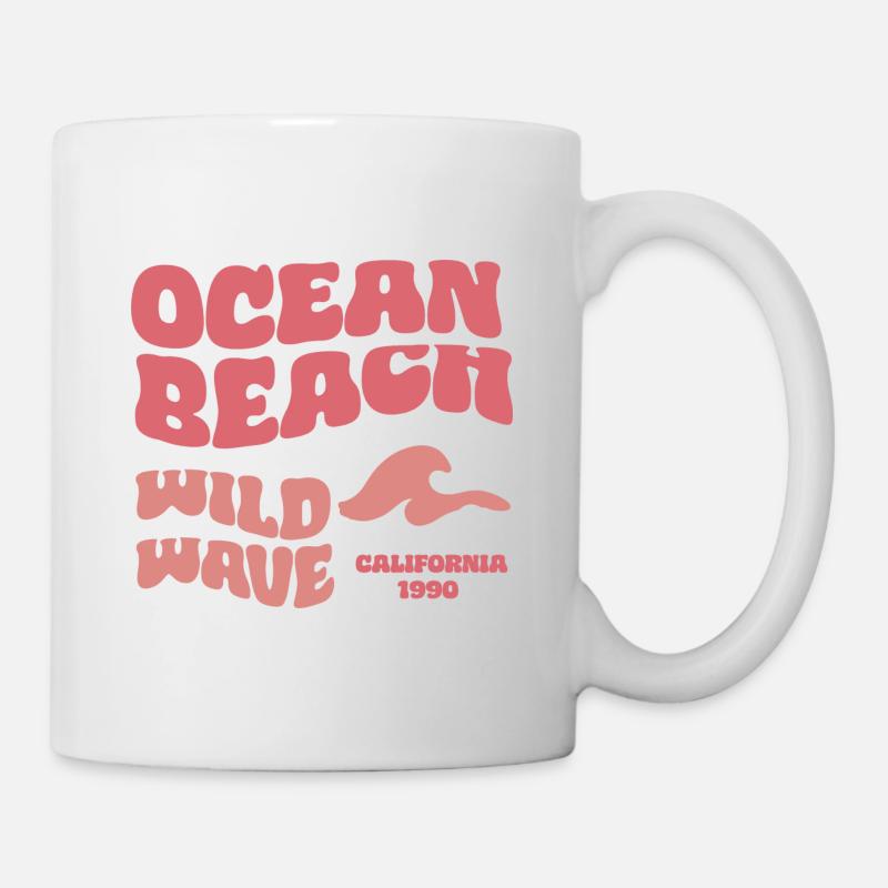 Ocean Beach - Retro Schrift Strand Welle Meer - Tasse - Weiß