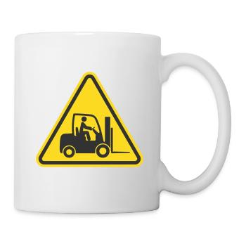 Achtung Gabelstapler, Gabelstapler-Symbolsymbol. Logistisch - Tasse - Weiß - Rechts