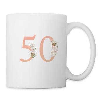 Zahl 50, minimal, pastel, Blumen - Tasse - Weiß - Rechts