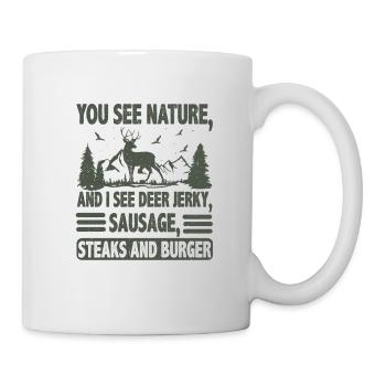 Geschenke Siehe Deer Jerky Sausage Steaks Burger - Tasse - Weiß - Rechts