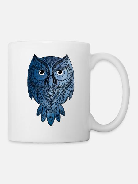Blaue Eule mit Universum - Tasse - Weiß
