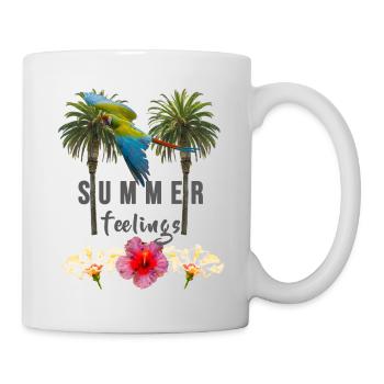 Sommergefühle, Palmen Hibiskus Blumen Papagei grau - Tasse - Weiß - Rechts