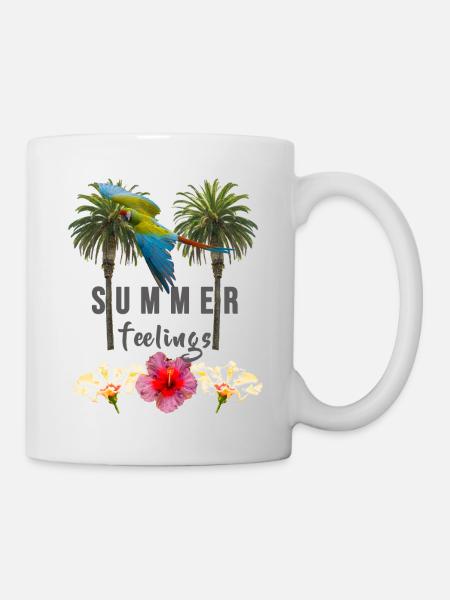 Sommergefühle, Palmen Hibiskus Blumen Papagei grau - Tasse - Weiß