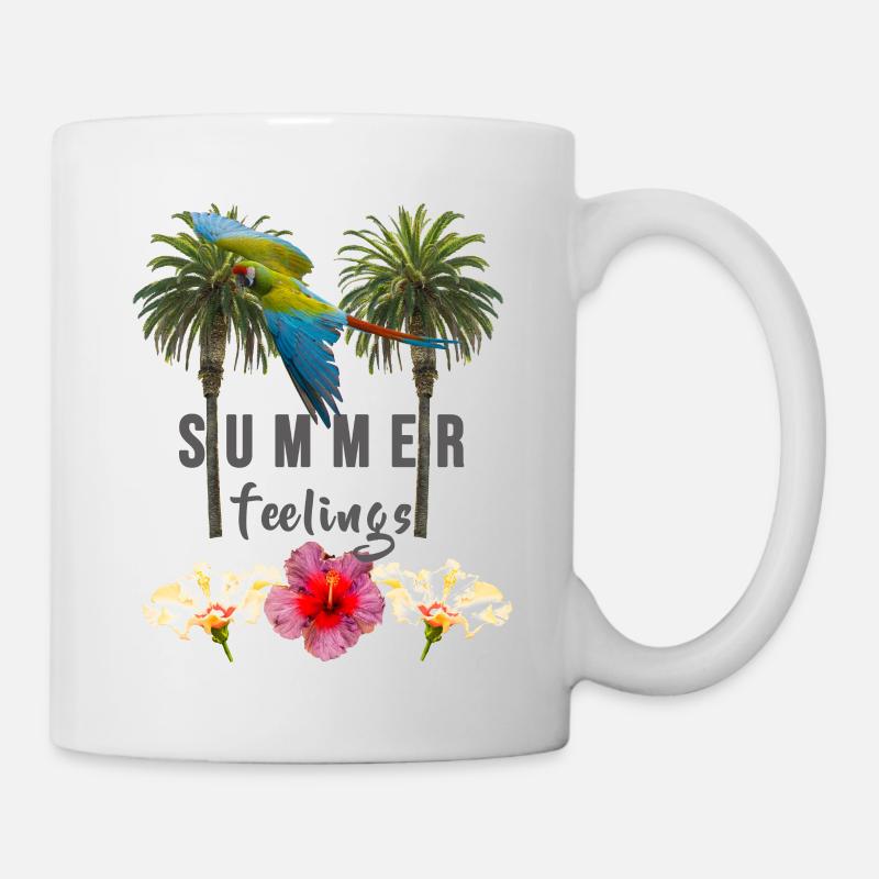 Sommergefühle, Palmen Hibiskus Blumen Papagei grau - Tasse - Weiß