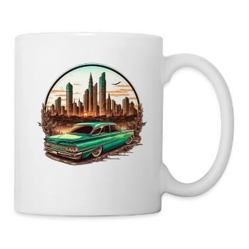 Muscle car drives through the desert USA with Rocknroll - Mug - white - Right