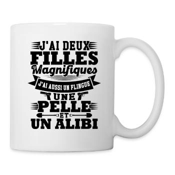 J'ai deux filles magnifiques, flingue pelle alibi - Mug blanc - blanc - Droite