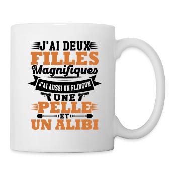 J'ai deux filles magnifiques, flingue pelle alibi - Mug blanc - blanc - Droite