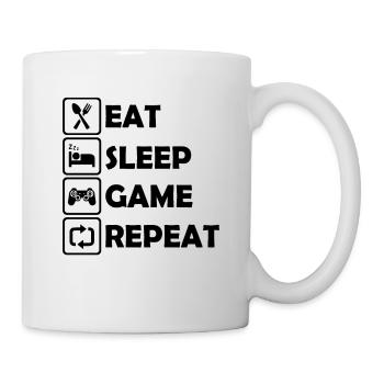 Essen, Schlafen, Spielen, Wiederholen Humor Geschenk - Tasse - Weiß - Rechts