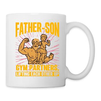 Father Son Gym Partners lifting each other up - Mug - white - Right