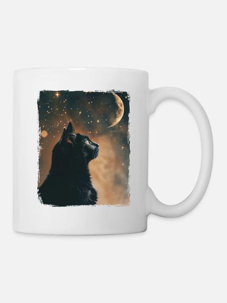 Schwarze Katze Tier Sterne Vollmond Nacht Sternenhimmel - Tasse - Weiß