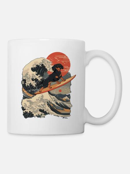 Dackel Hund Tier Japanisch Surfen Strand Welle - Tasse - Weiß