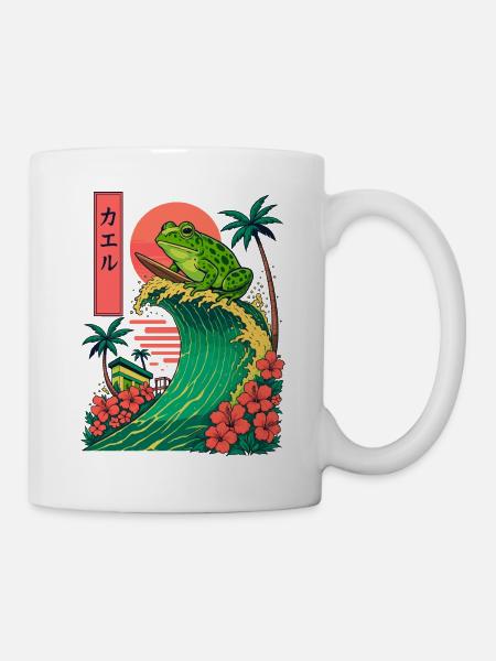 Frog Toad Animal Japanese Surfing Flower Sunset - Mug - white