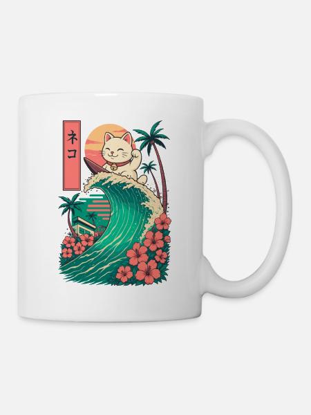 Katze Katze Tier Japanisch Surfen Blume Sonnenuntergang - Tasse - Weiß