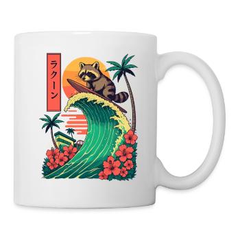 Raccoon Animal Japanese Surfing Flower Sunset - Mug - white - Right