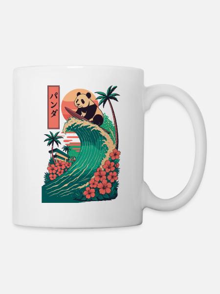 Panda Bear Animal Japanese Surfing Flower Sunset - Mug - white