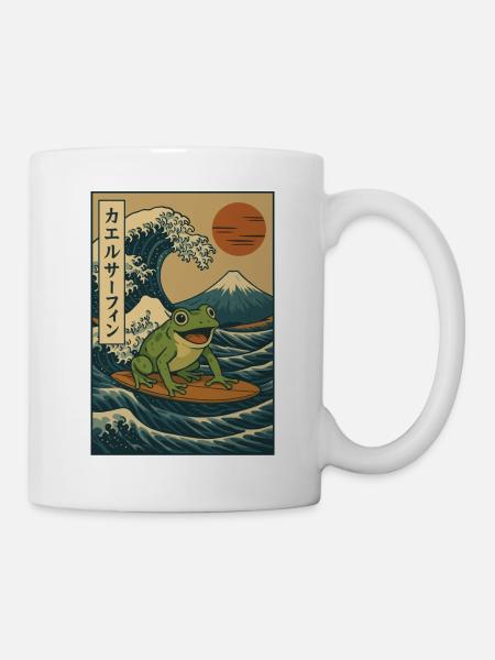 Surfender Frosch, Japanische Welle, Kunst, Berg Fuji, Rote Sonne - Tasse - Weiß