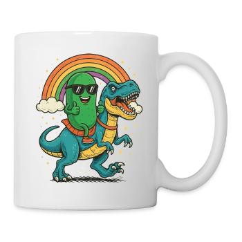 Coole Gurke Reiten Dinosaurier Cartoon Regenbogen - Tasse - Weiß - Rechts