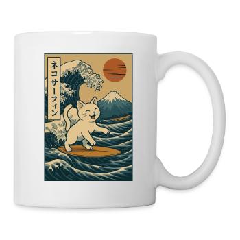 Chat Blanc Surf Vague Art Japonais Mont Fuji - Mug blanc - blanc - Droite