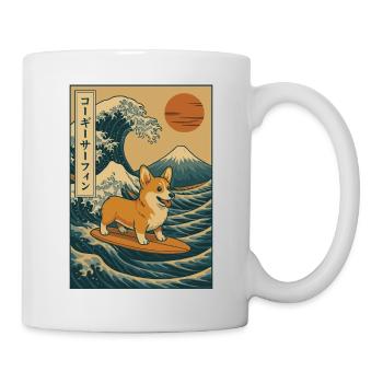 Corgi Dog Surfing Wave Mount Fuji Japanese Art - Mug - white - Right