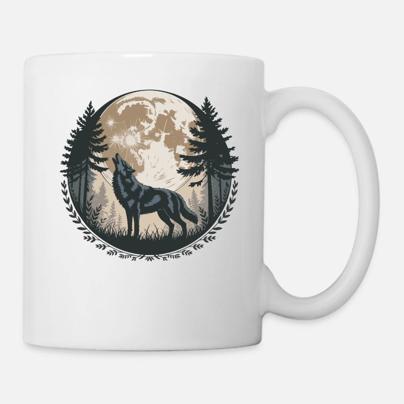 Heulender Wolf Vollmond Wald Silhouette Bäume - Tasse - Weiß