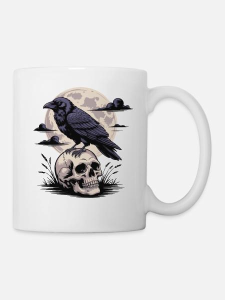 Black Raven Skull Full Moon Dark Gothic Emo Dark - Mug - white