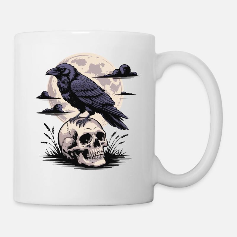 Black Raven Skull Full Moon Dark Gothic Emo Dark - Mug - white
