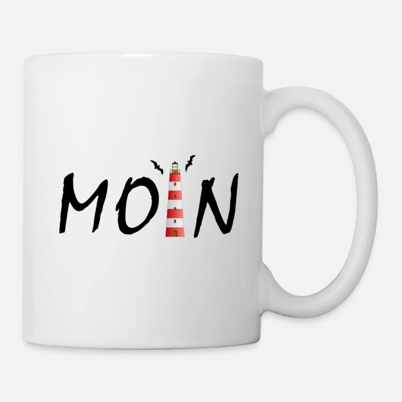 Moin mit Leuchtturm und Möwen, schwarz - Tasse - Weiß