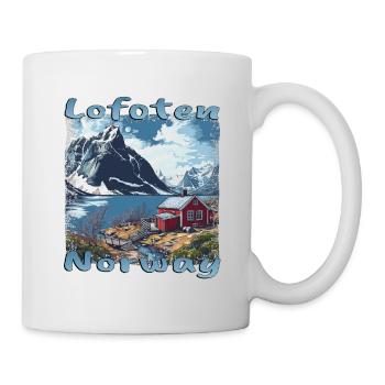 Lofoten Norwegisches Holzhaus Berge Meer Grunge - Tasse - Weiß - Rechts